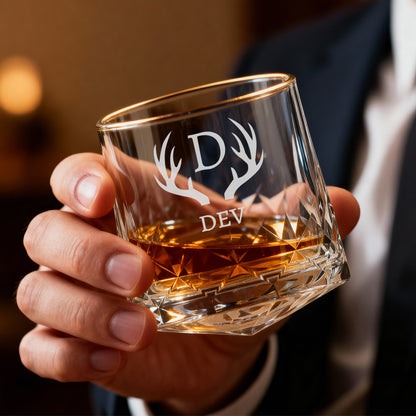 Engraved Whiskey Glass with Name – Set of 2 Rotating Diamond Whisky Glasses for Gifting