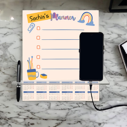 Personalized Weekly Desk Planner for Kids with Calendar and Mobile Stand, Featuring Their Name