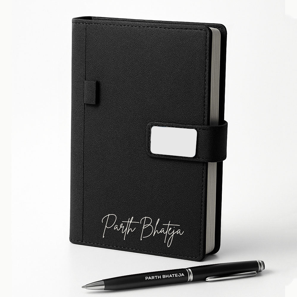 Customized Diary with Name Matching Engraved Pen | Premium Leatherette Diary with Name Black Gift Box