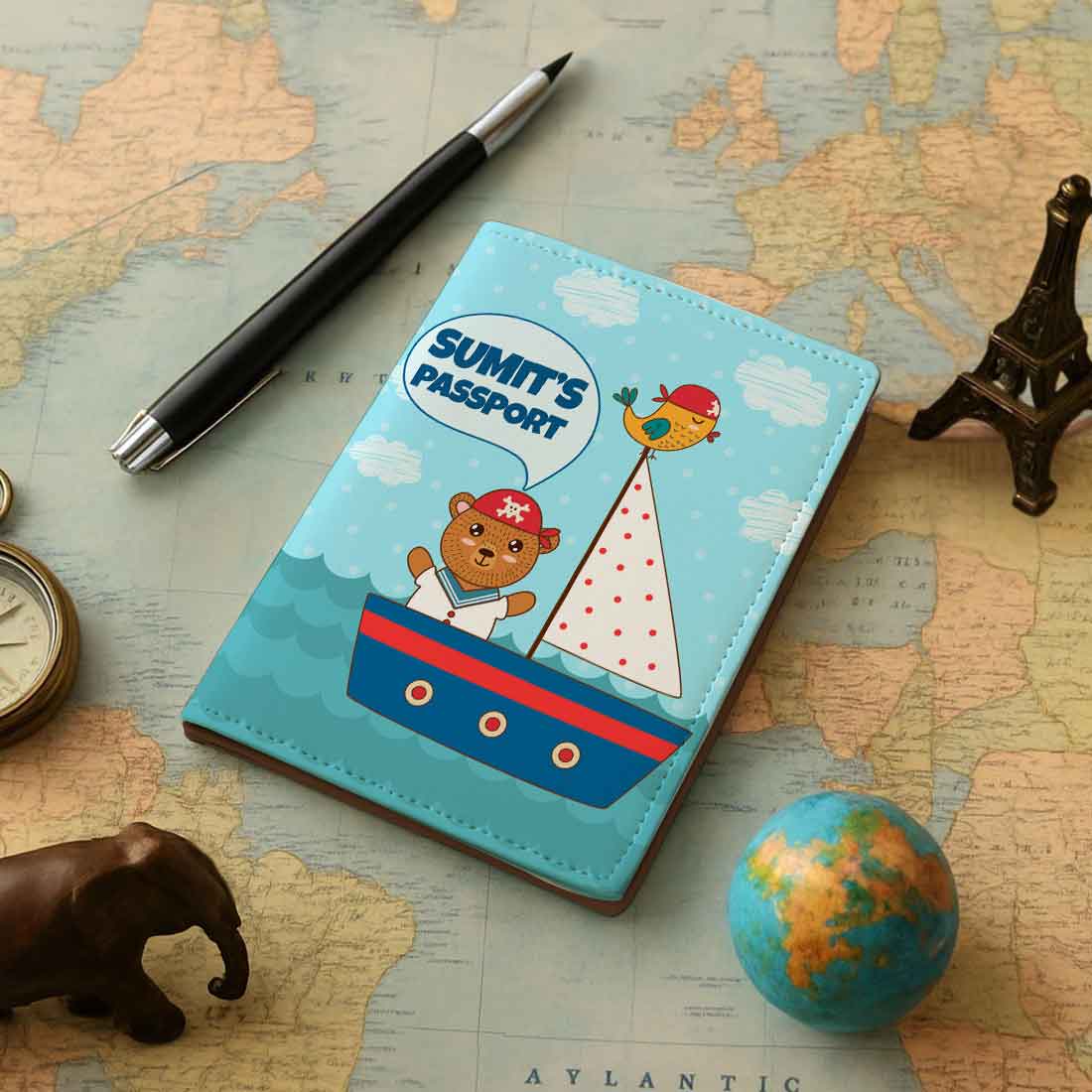 Customized Travel Document Holder  -Ship & Bear Blue