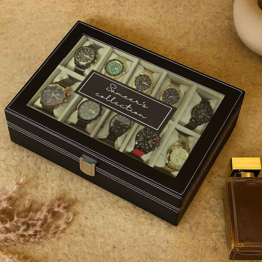 Personalized Watch Organizer Box – 10 Slot Faux Leather Wrist Watch Storage Case with Glass Lid