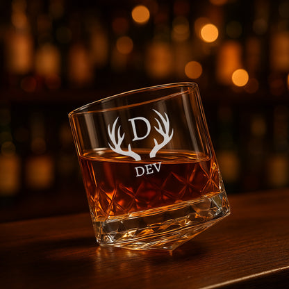 Engraved Whiskey Glass with Name – Set of 2 Rotating Diamond Whisky Glasses for Gifting