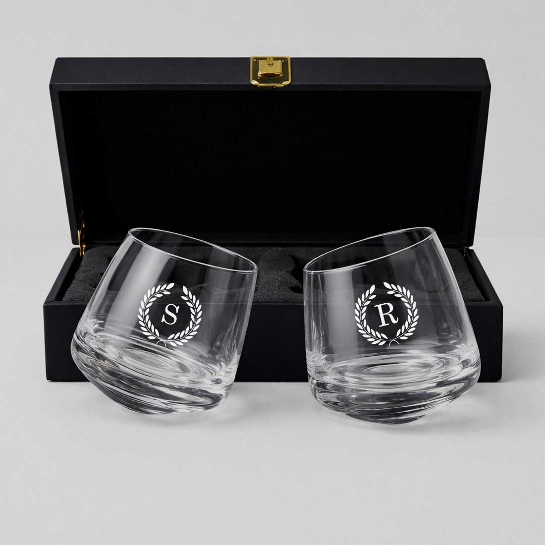 Customized Spinning Whiskey Glass for Couple–Engraved Scotch Glass Set of 2 with Gift Box