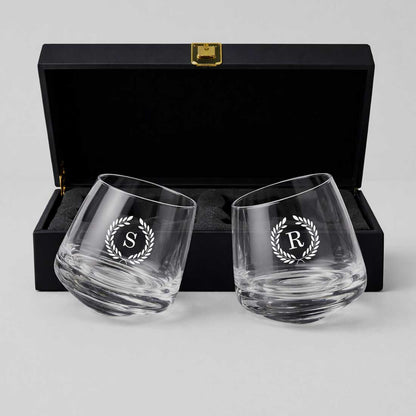 Customized Spinning Whiskey Glass for Couple–Engraved Scotch Glass Set of 2 with Gift Box