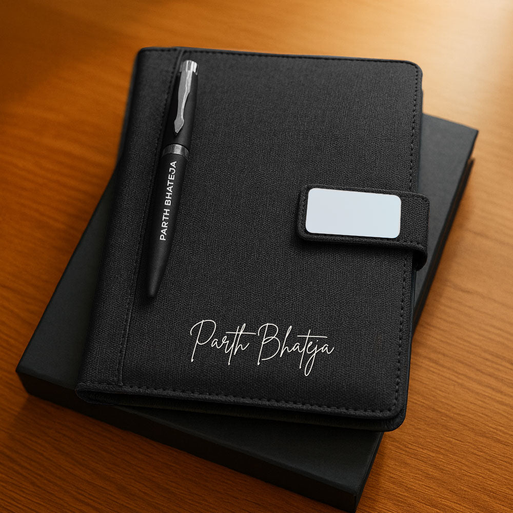 Customized Diary with Name Matching Engraved Pen | Premium Leatherette Diary with Name Black Gift Box