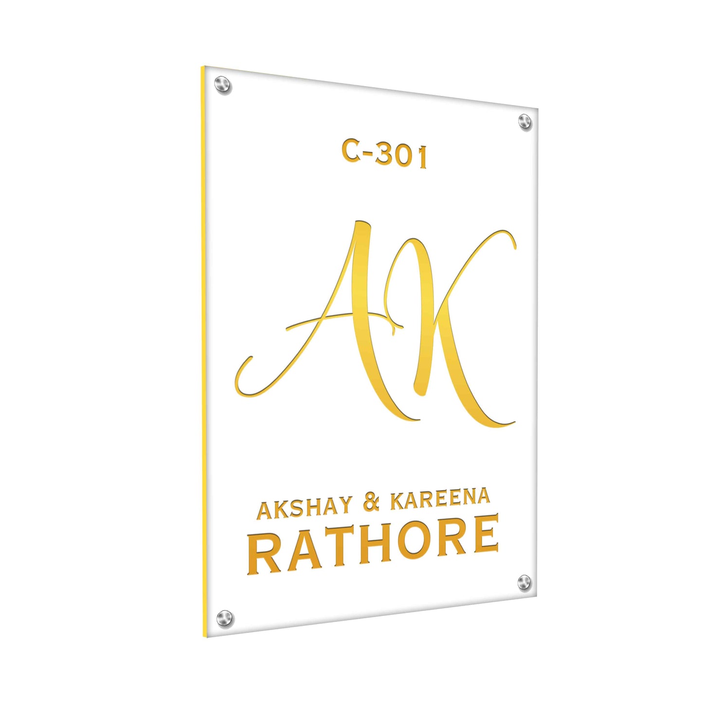 White Name Plate for Home - Premium Vertical Nameplate with Golden Debossed Details