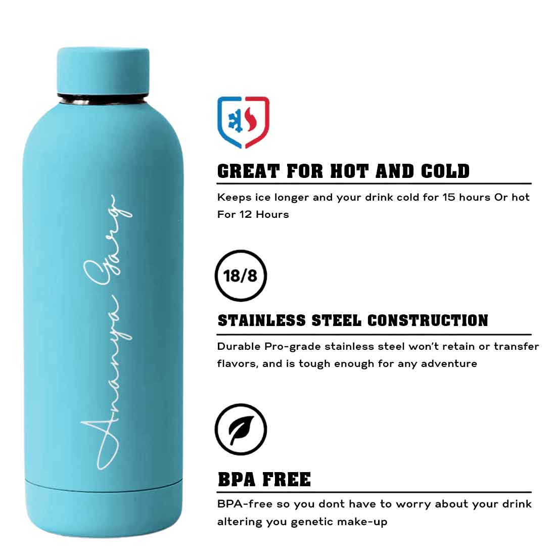 Double Insulated Water Bottle with Name 500ml Stainless Steel Bottles for Office Home Travel- BPA Free, Leakproof