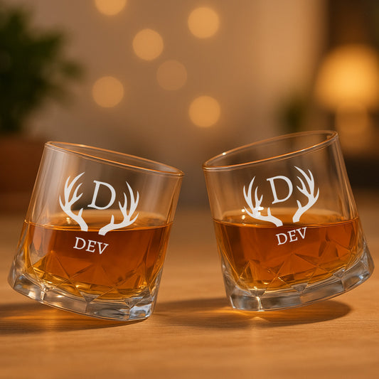 Engraved Whiskey Glass with Name – Set of 2 Rotating Diamond Whisky Glasses for Gifting