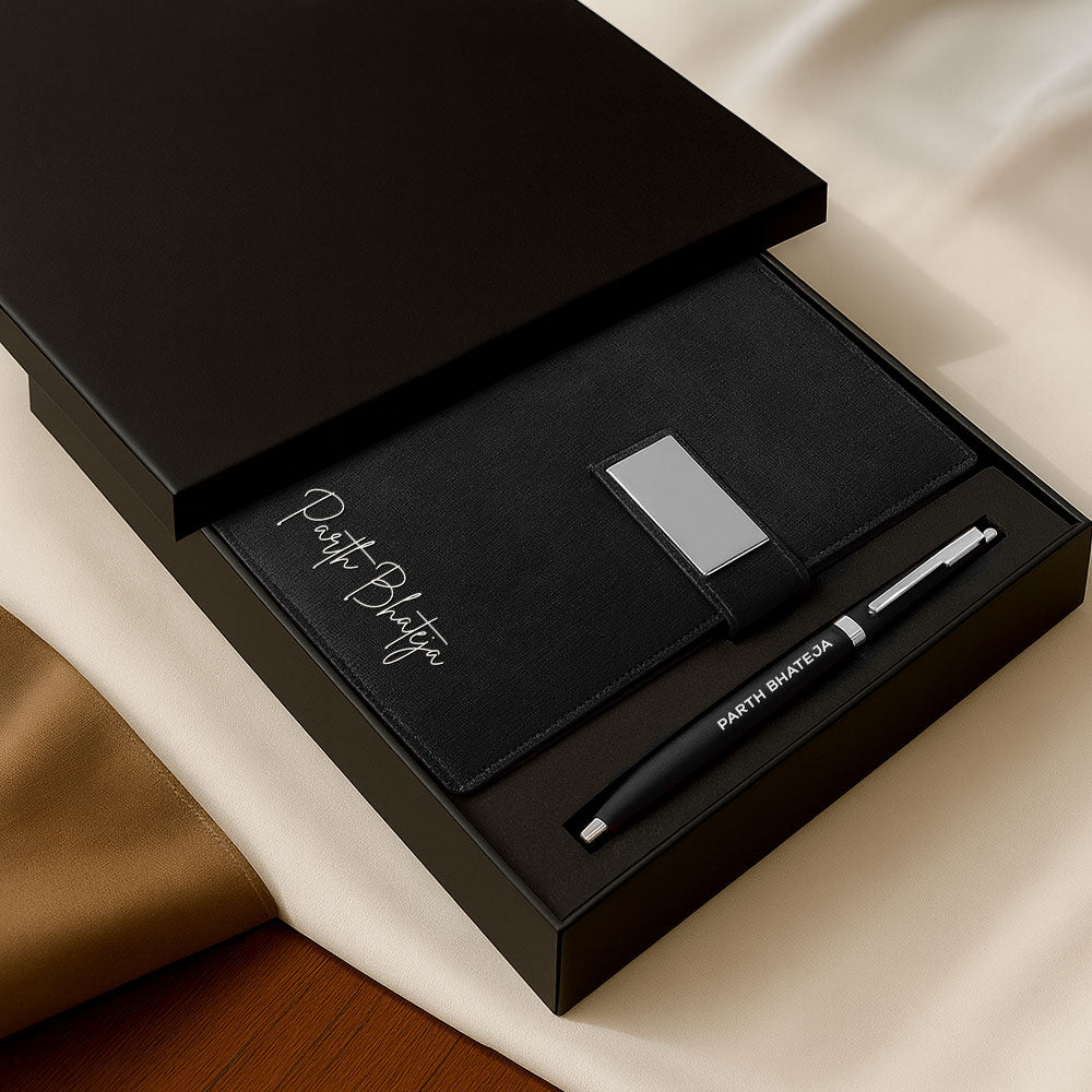 Customized Diary with Name Matching Engraved Pen | Premium Leatherette Diary with Name Black Gift Box