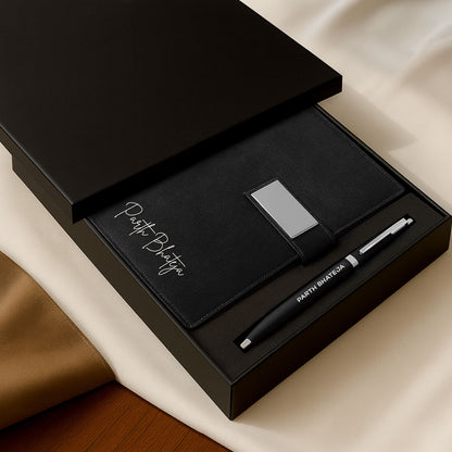 Customized Diary with Name Matching Engraved Pen | Premium Leatherette Diary with Name Black Gift Box