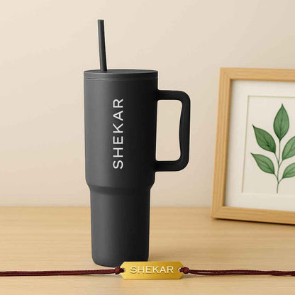 Customized Raksha Bandhan Gift Set for Brother – 1200ml Coffee Tumbler & Custom Acrylic Name Rakhi