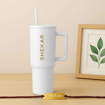 Customized Raksha Bandhan Gift Set for Brother – 1200ml Coffee Tumbler & Custom Acrylic Name Rakhi