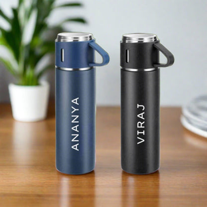 Personalised Travel Mug Thermos With 2 Cups Gift Box Set - Add Name - SET OF 2