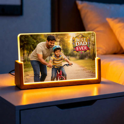 Personalized LED Light Photo Frame for Dad – Photo Desk Lamp with Wooden Base | Best Dad Ever Gift
