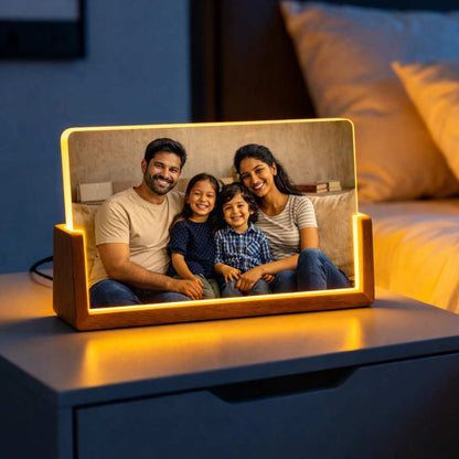 Picture Frame Light with Custom Photo – Wooden Base LED Lamp for Family & Wedding Memories