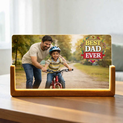 Personalized LED Light Photo Frame for Dad – Photo Desk Lamp with Wooden Base | Best Dad Ever Gift