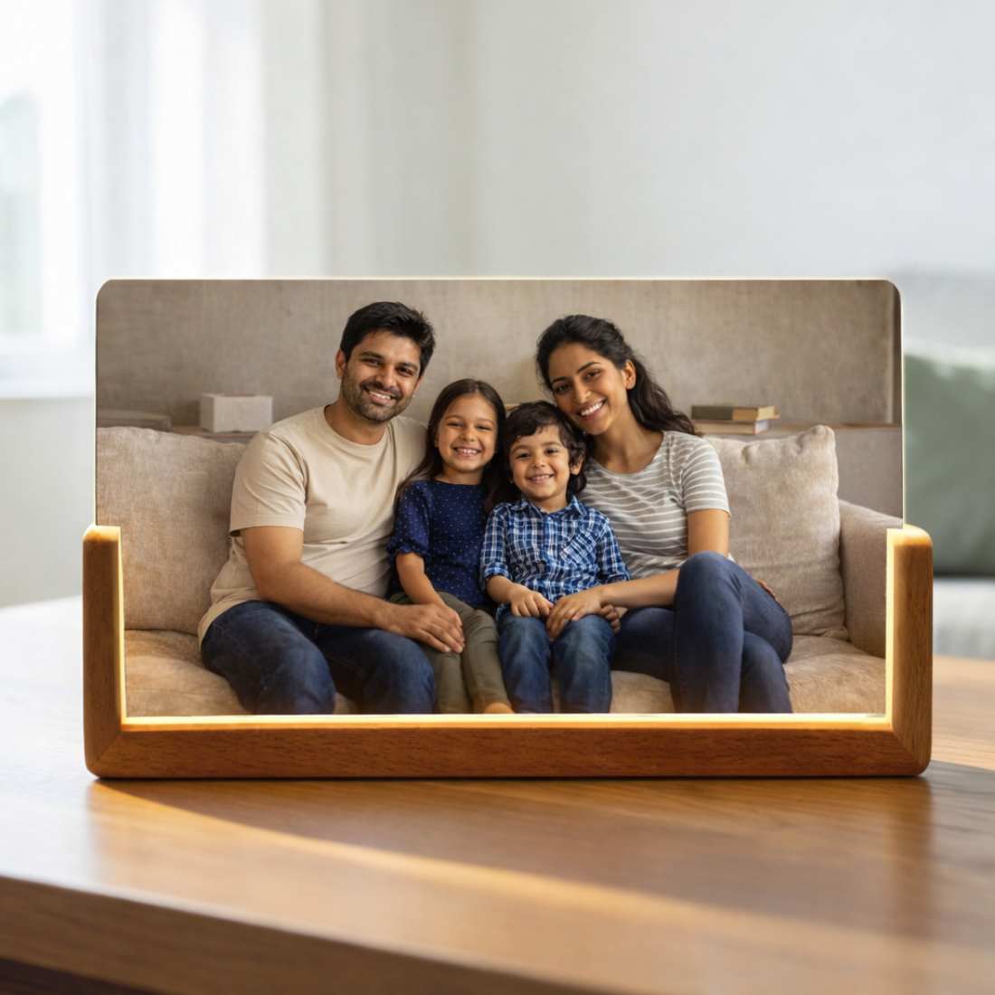 Picture Frame Light with Custom Photo – Wooden Base LED Lamp for Family & Wedding Memories