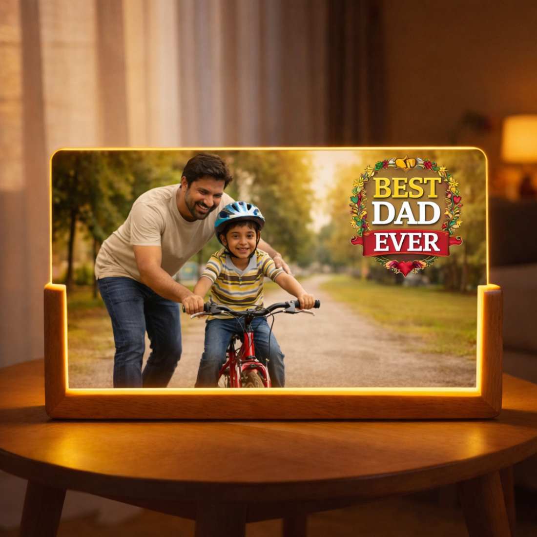 Personalized LED Light Photo Frame for Dad – Photo Desk Lamp with Wooden Base | Best Dad Ever Gift