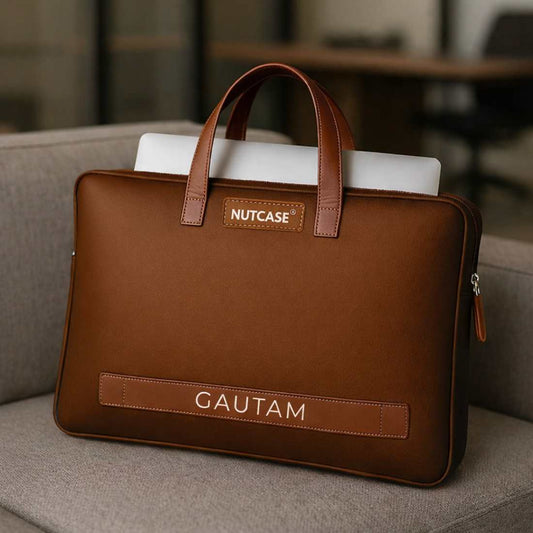 Custom Men’s Laptop Bag – Premium Brown Synthetic Leather Sleeve with Padded Compartment, Dual Handles & Zipper Closure | Fits Up to 15-inch Laptops