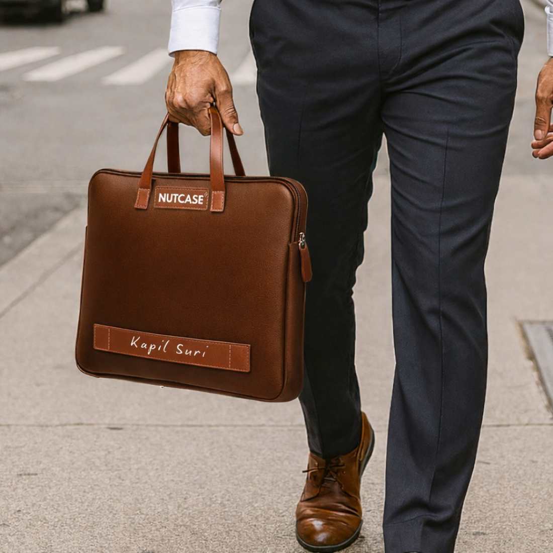 Custom Men’s Laptop Bag – Premium Brown Synthetic Leather Sleeve with Padded Compartment, Dual Handles & Zipper Closure | Fits Up to 15-inch Laptops