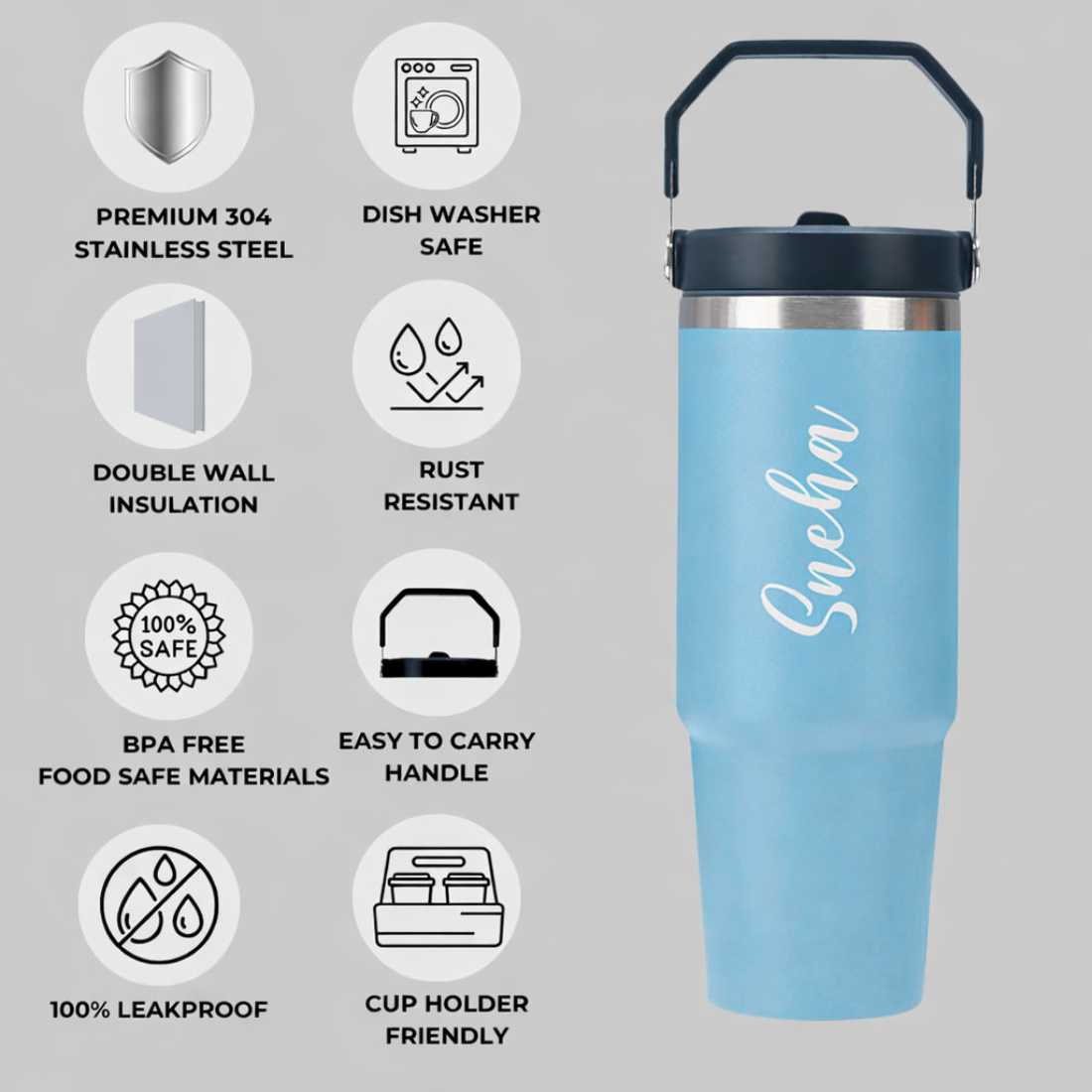 Nutcase Personalized Tumbler with Handle Double Wall Vacuum Sipper Bottle - 900ml