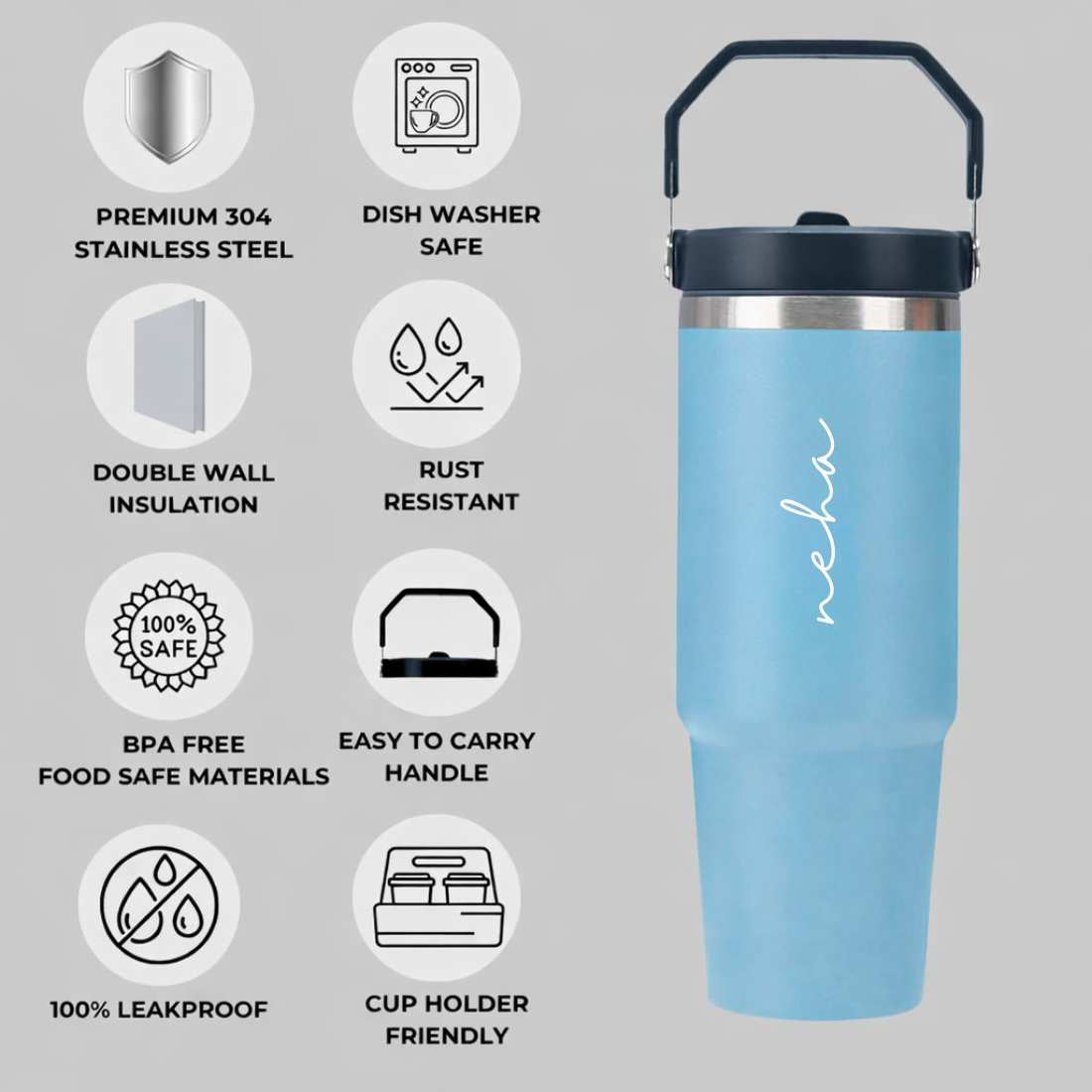 Nutcase Personalized Tumbler with Straw and Handle 900ml - Double Wall Vacuum Sipper Bottle