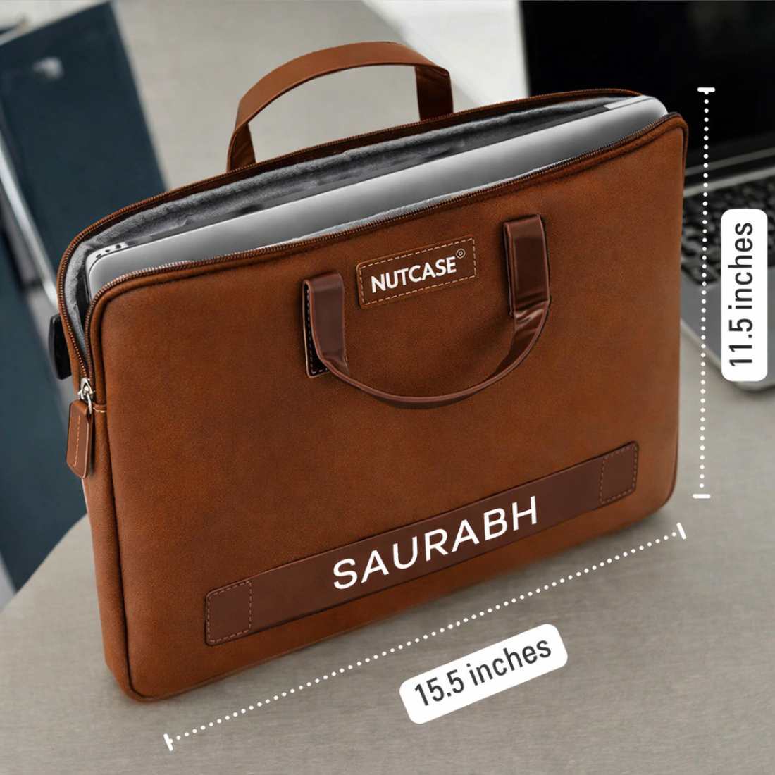Custom Men’s Laptop Bag – Premium Brown Synthetic Leather Sleeve with Padded Compartment, Dual Handles & Zipper Closure | Fits Up to 15-inch Laptops