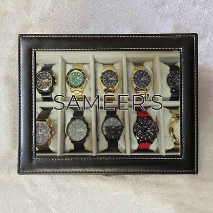 Personalized Watch Box Organizer – 10 Slot Faux Leather Wrist Watch Storage Case with Glass Lid