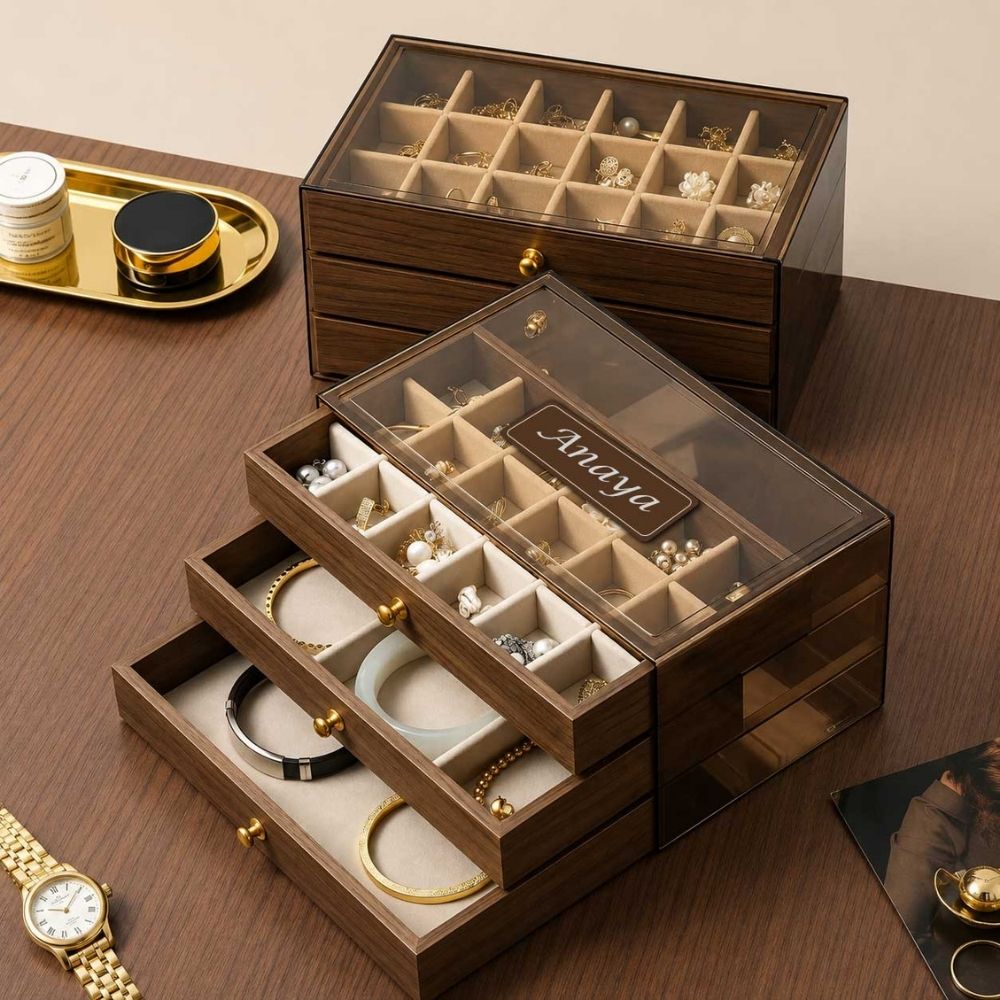 Personalised Wooden Jewellery Box with 3-Tier Storage & Name | Birthday Gift for Women