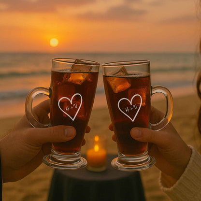 Custom Coffee Cups - Glass Mugs with Handles for Latte, Cappuccino, Iced Coffee, Hot Chocolate - Set of 2, Personalized Couples Coffee Glasses