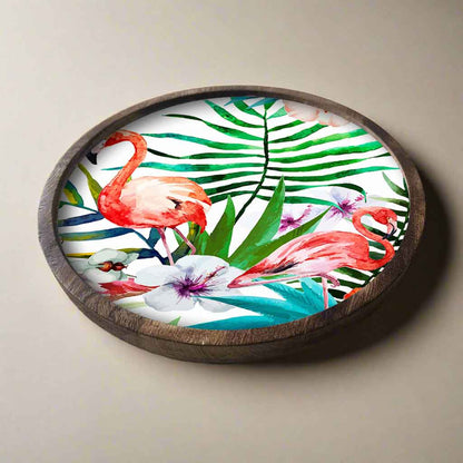 Stylish Serving Platters for Snacks | Mango Wooden Bat Platter Round Tray- Birds