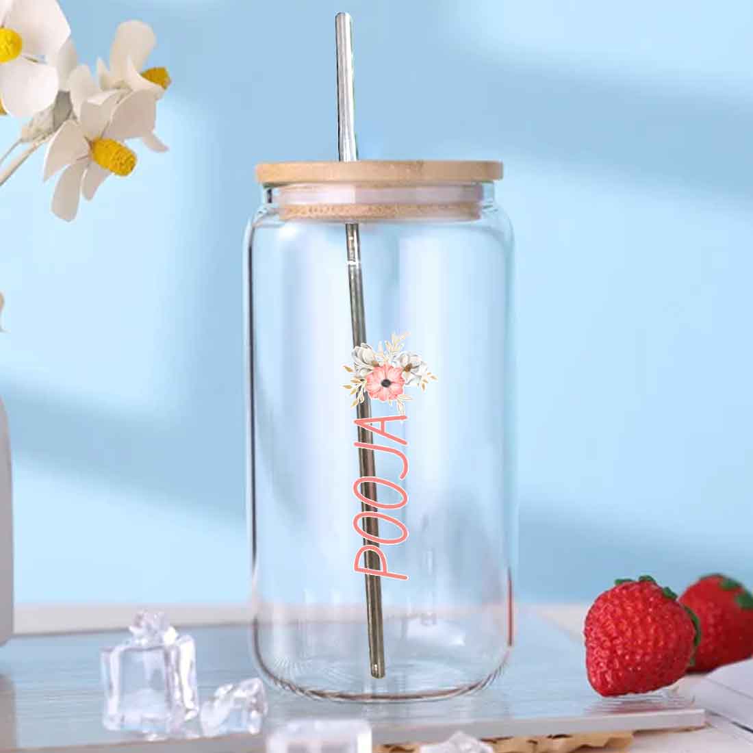 Nutcase Glass Juice Jar with Straw - Custom Can Glass with Metal Straw