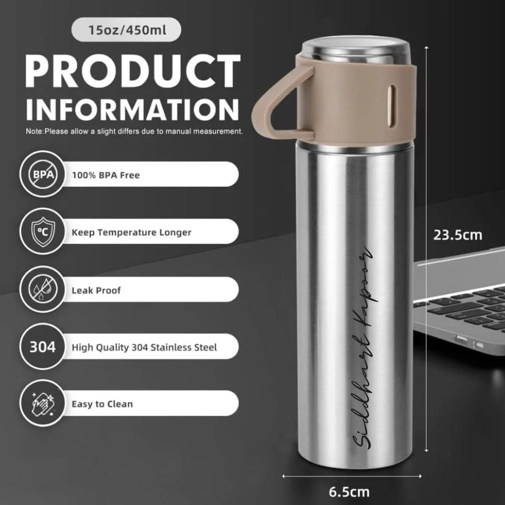 Custom Thermos With Cup Lid 3 Cups Gift Box Set for Travel Outdoor Camping - Add Name