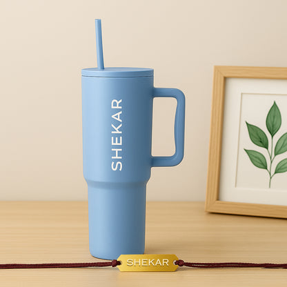 Customized Raksha Bandhan Gift Set for Brother – 1200ml Coffee Tumbler & Custom Acrylic Name Rakhi