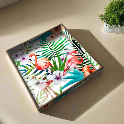 Stylish Square Wooden Tray Designer Snacks,Tea Serving Tray - Tropical Paradise