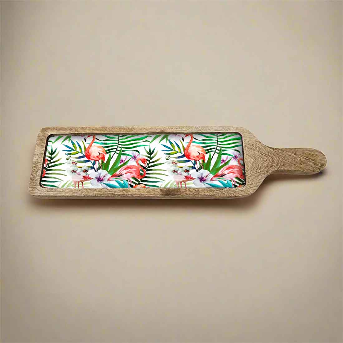 Snack Serving Platters for Croquettes, Kebabs | Mango Wooden tray with handle - Tropical Paradise