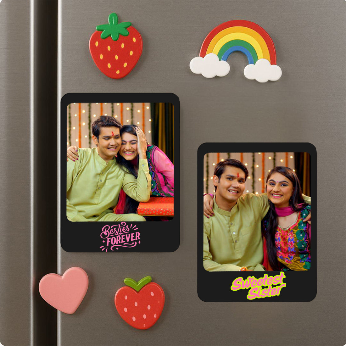 Personalized Raksha Bandhan Gift Box  Photo Fridge Magnet Set of 2 – Unique Polaroid Style Acrylic Photo Frames With Chocolate