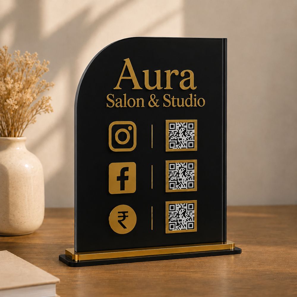 Custom Acrylic Business Desk Display Stand | Countertop UPI Gpay Social Media QR Code Sign