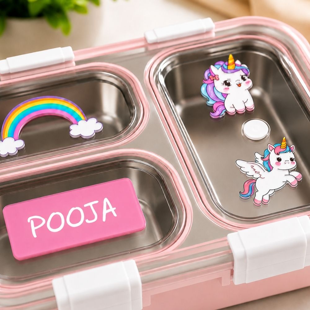 Personalized Kids Stainless Steel Lunch Box | Custom Name 3 Compartment Leakproof Tiffin Box