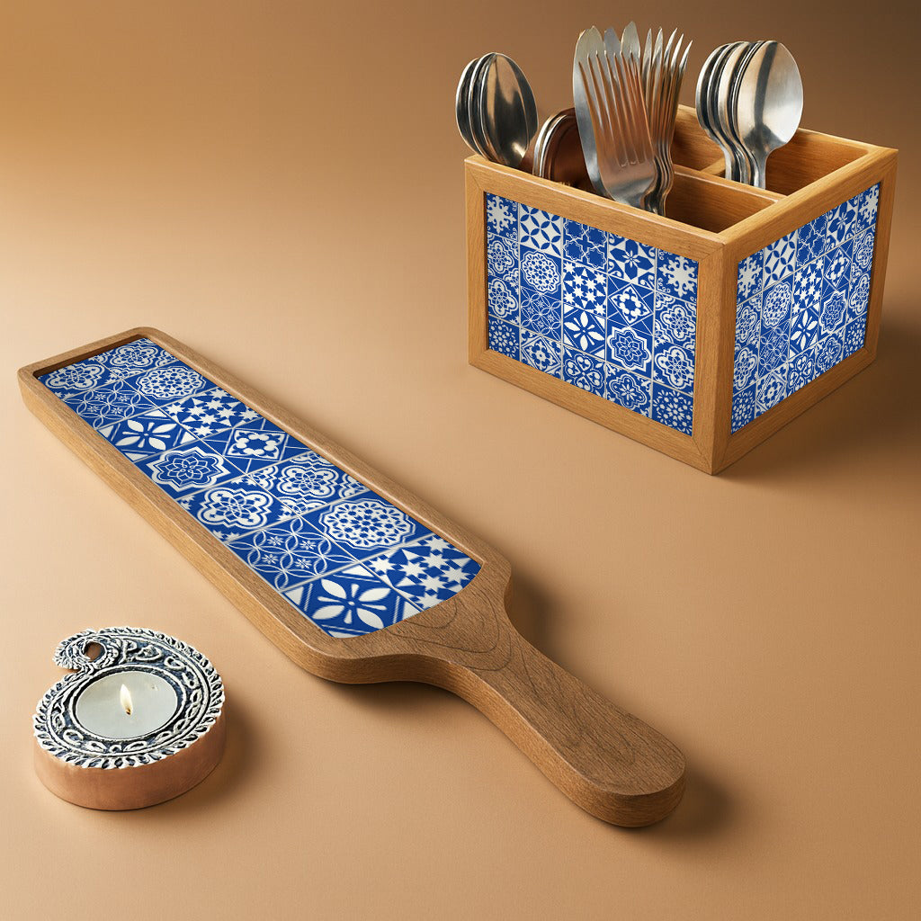 Premium Diwali Gift Set – Wooden Bat Tray, Cutlery Holder & Decorative Diya Candle
