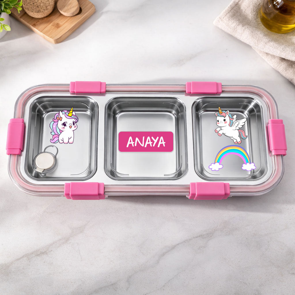 Personalized Stainless Steel Tiffin Box for Kids - 3 Compartment Leak-Proof Lunch Box with Metal Spoon & Cutlery Slot - Cute Unicorn