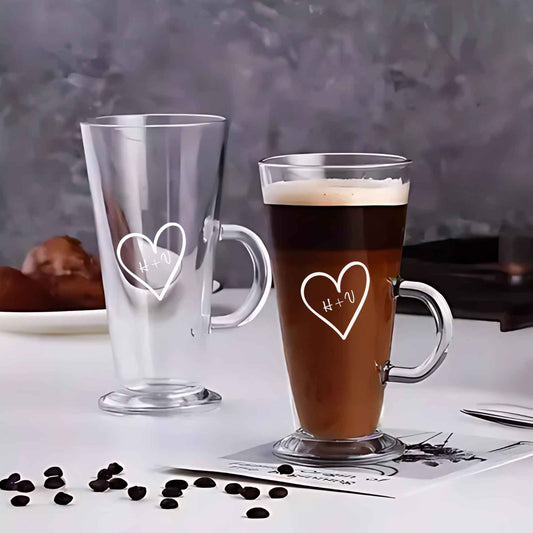 Custom Coffee Cups - Glass Mugs with Handles for Latte, Cappuccino, Iced Coffee, Hot Chocolate - Set of 2, Personalized Couples Coffee Glasses