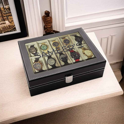 Personalized Watch Box Organizer – 10 Slot Faux Leather Wrist Watch Storage Case with Glass Lid