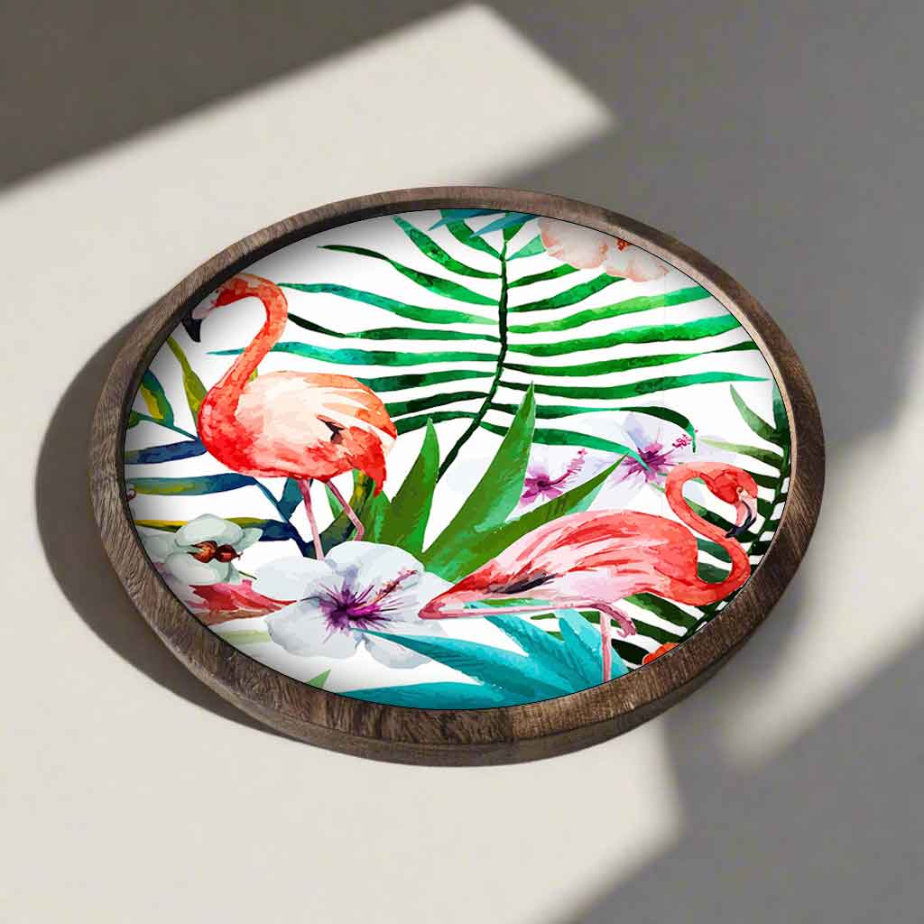 Stylish Serving Platters for Snacks | Mango Wooden Bat Platter Round Tray- Birds