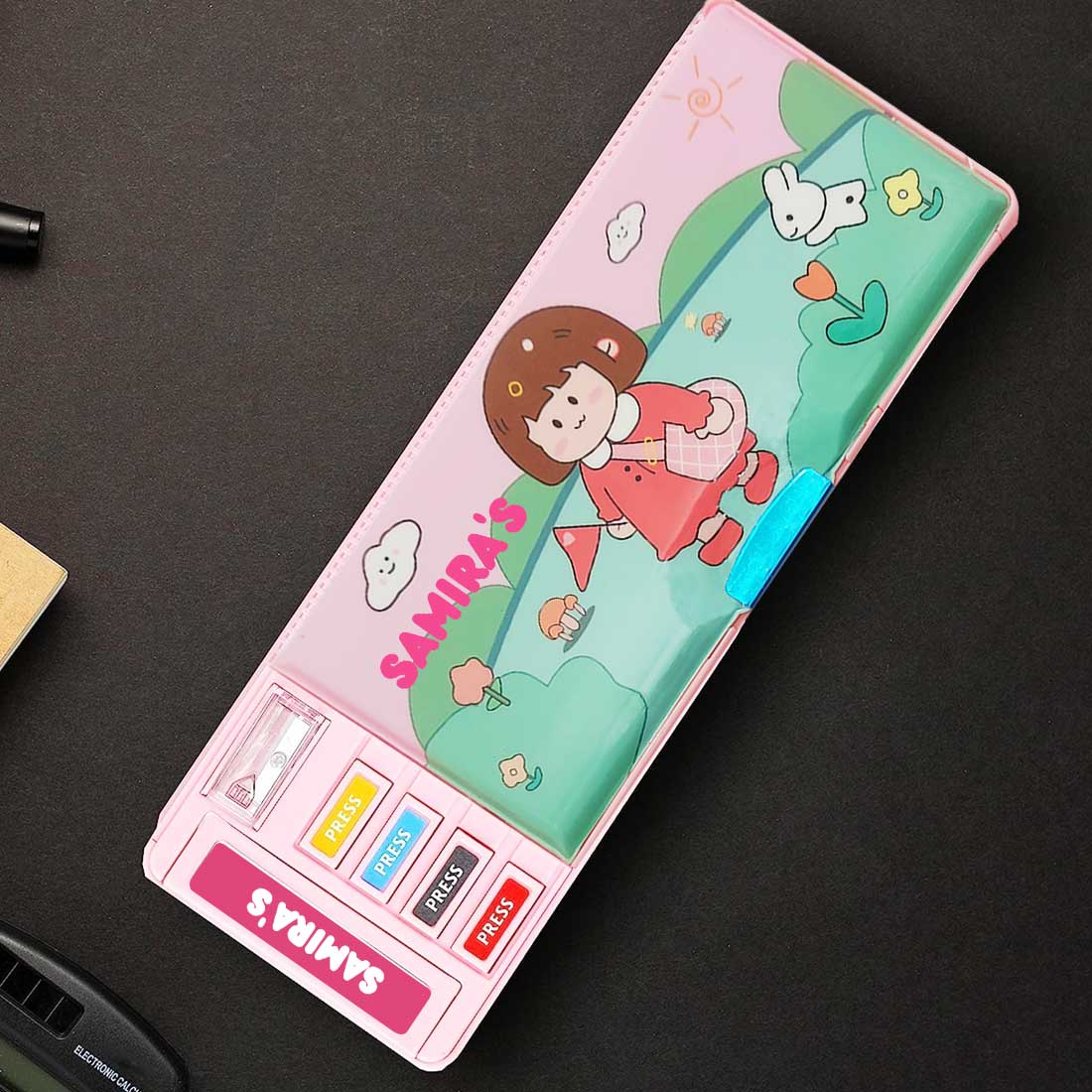 Customised Pencil Box Switch Operated Multi-functional Compass Box for Kids with Press buttons