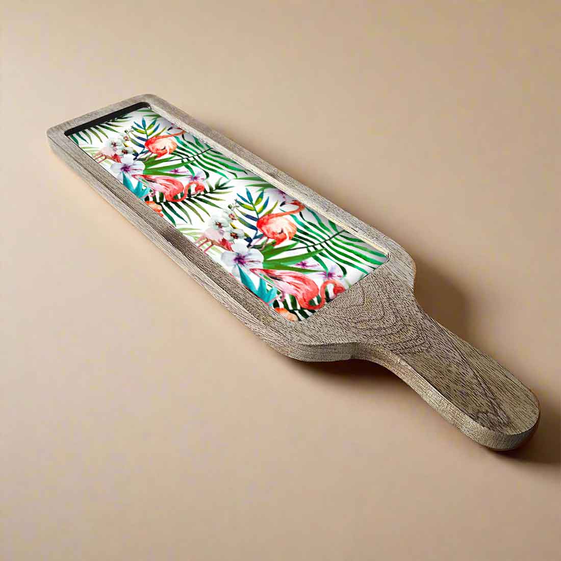 Snack Serving Platters for Croquettes, Kebabs | Mango Wooden tray with handle - Tropical Paradise