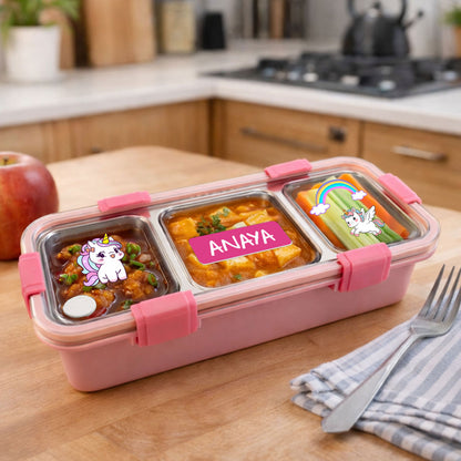 Personalized Insulated Tiffin Box Stainless Steel 3 Compartment Leak-Proof Lunch Box
