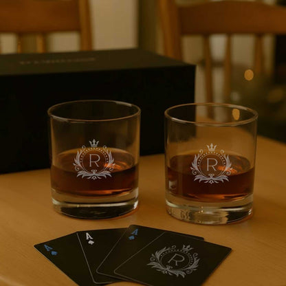 Premium Whiskey Glasses Set Diwali Gift – Personalized Glassware with Playing Cards