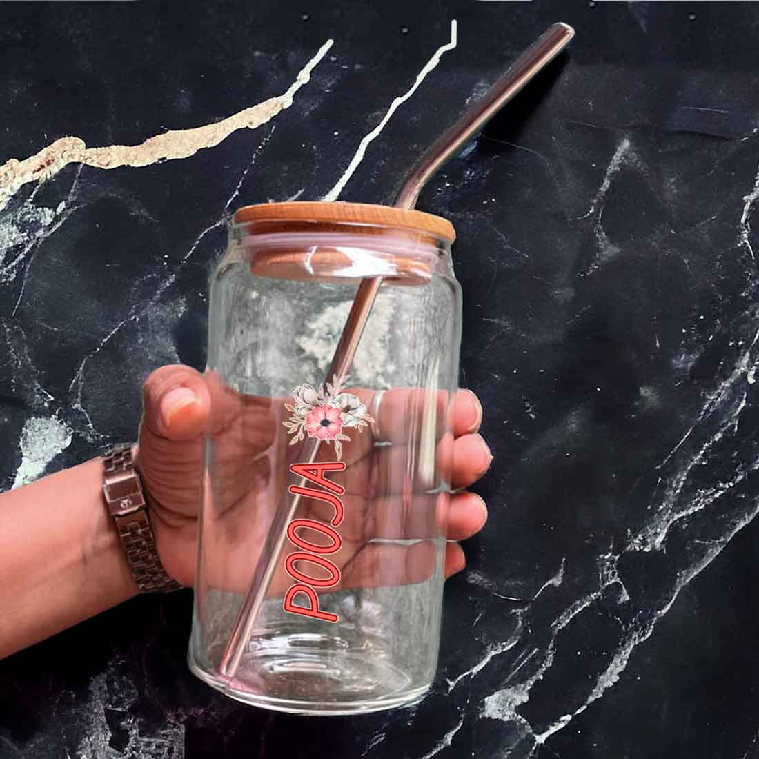 Nutcase Glass Juice Jar with Straw - Custom Can Glass with Metal Straw