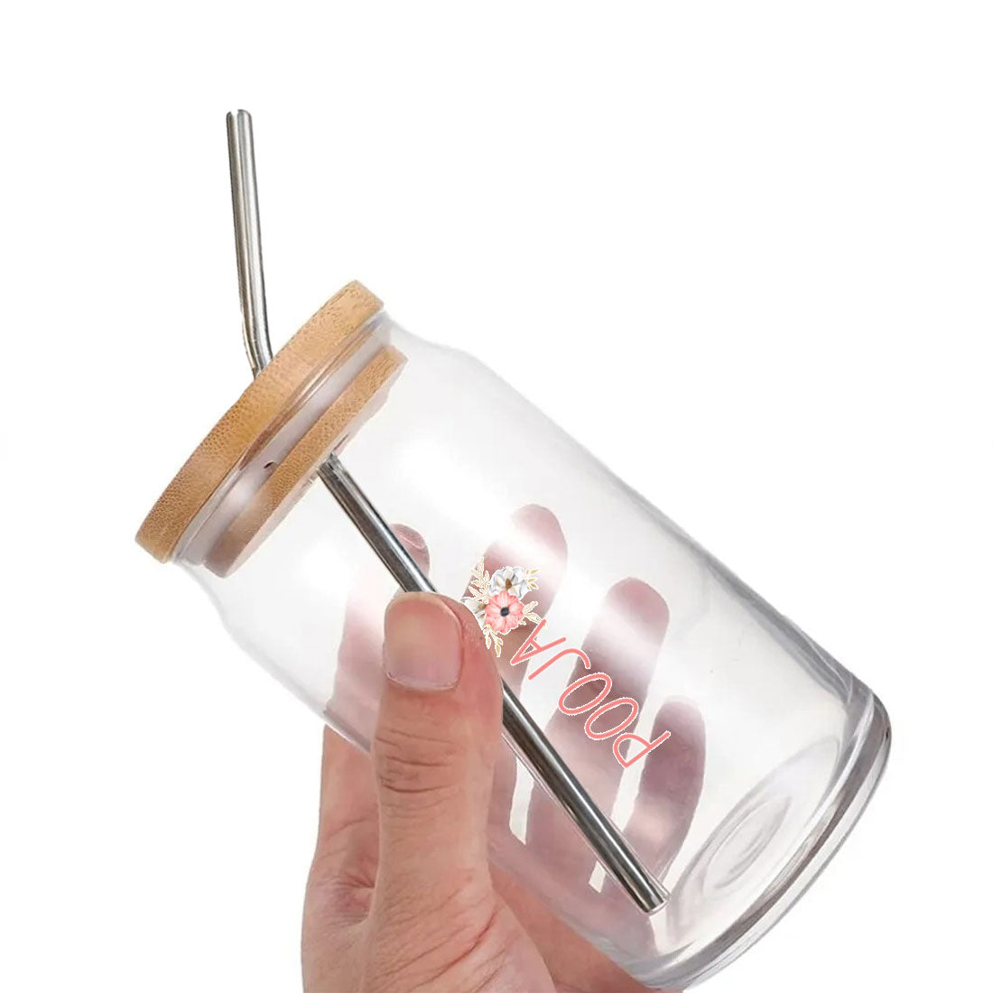 Nutcase Glass Juice Jar with Straw - Custom Can Glass with Metal Straw
